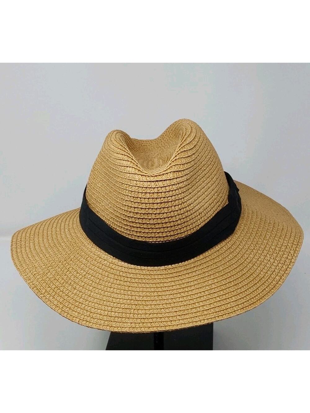 Furtalk Straw Rancher Fedora Sun Hat Tan Wide Brim M/L Beach Boho